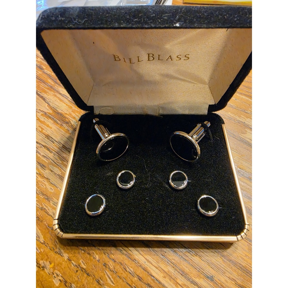 Vintage Bill Blass Black & Gold Cufflinks & Stud Set  Classic Tuxedo Formalwear